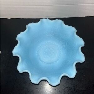 Fenton USA Satin Blue Persian Medallion Ruffled 8" Bowl